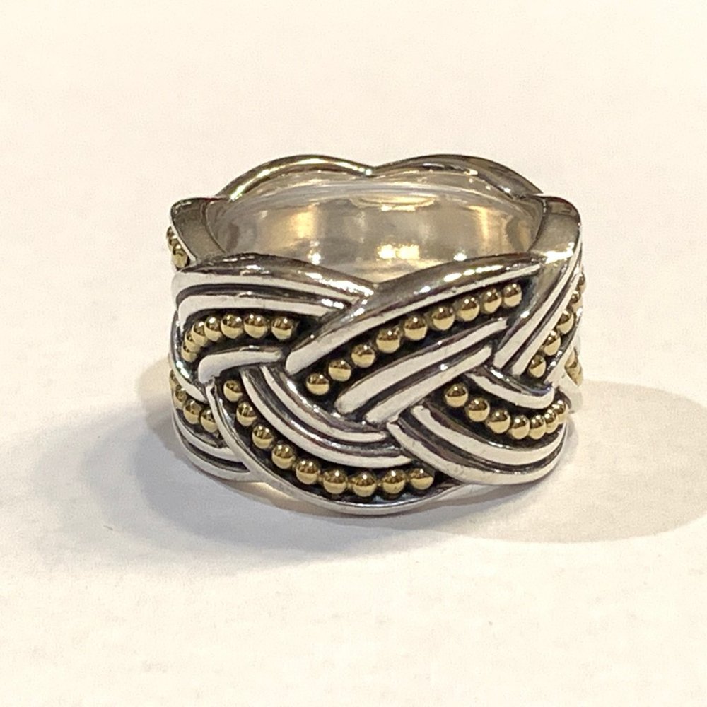 Lagos SS & 18K Gold Torsade Knot Band Ring, Size 7